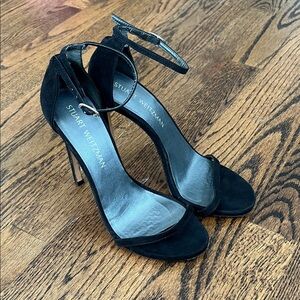 $475 Stuart Weitzman ‘Nudist’ Black Suede Ankle-Strap Stiletto Heels